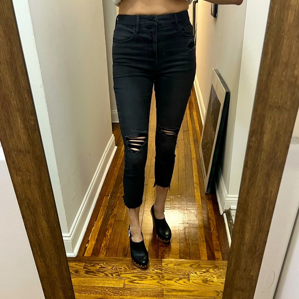 Good American high waisted grey distressed jeans